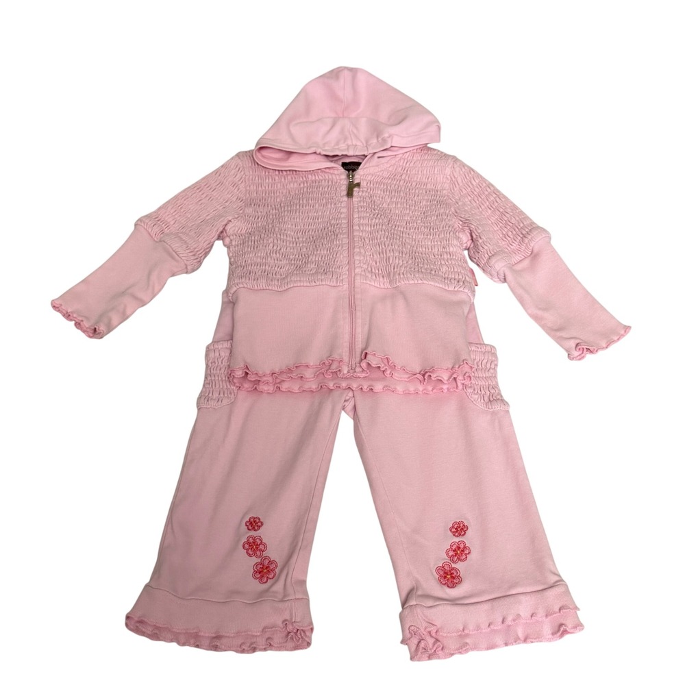 Rabbit Moon Kids Pink Smocked Ruffle Floral Tracksuit Hoodie Pants Set 12-18M